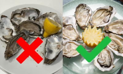 L'image montre des huîtres sans assiette à huîtres comparée à une image montrant des huîtres fraîches bien calées sur une assiette à huîtres réfrigérante Glace8